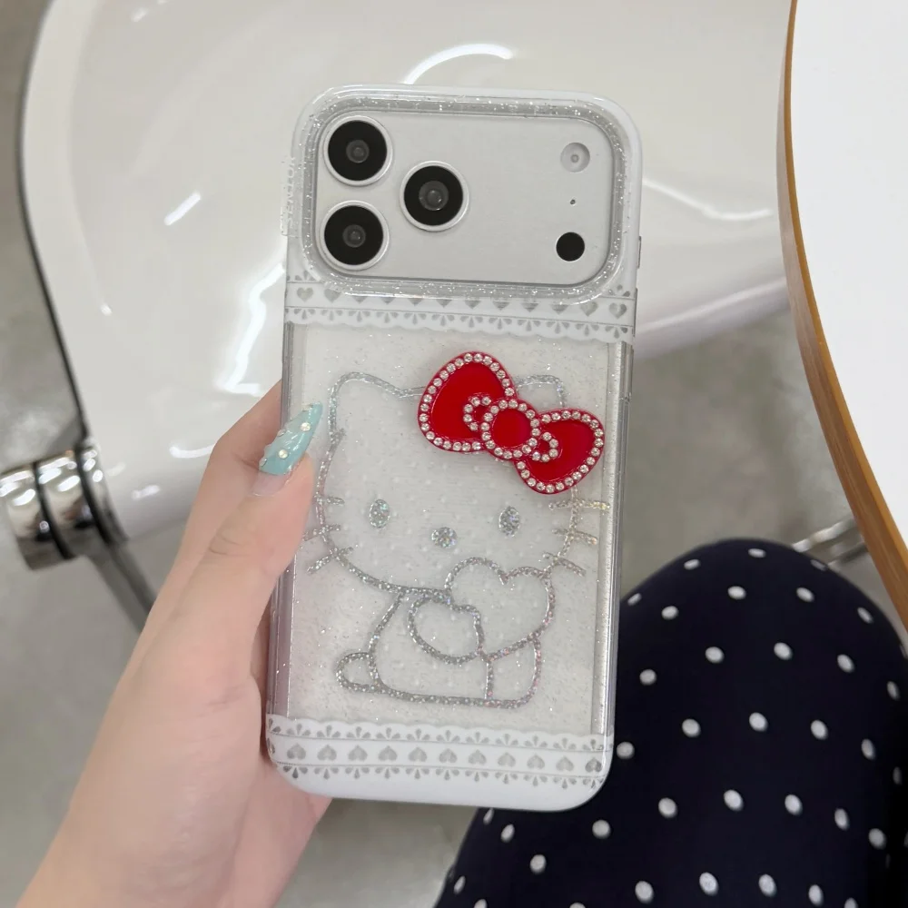 Coque de téléphone Hello Kitty en dentelle scintillante laser avec nœud diamanté, souple et antichoc, pour iPhone 16 15 17 Pro Max, style girly et doux