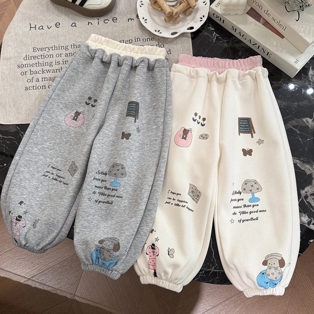 

Детские спортивные брюки с эластичной резинкой на талии и мультяшным принтом, свободные брюки-шаровары для девочек, весенне-осенние повседневные брюки в спортивном стиле