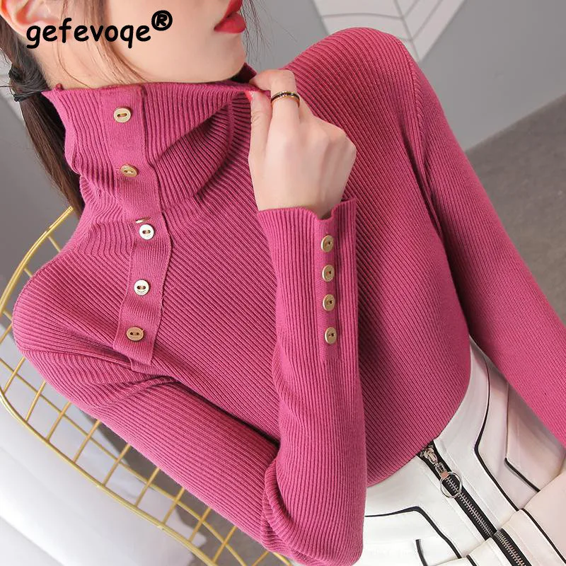 Autumn Winter Women Turtleneck Button Chic Basic Knitwear Elegant Office Lady Solid Pullover Top Knitted Sweater Jumper Clothing