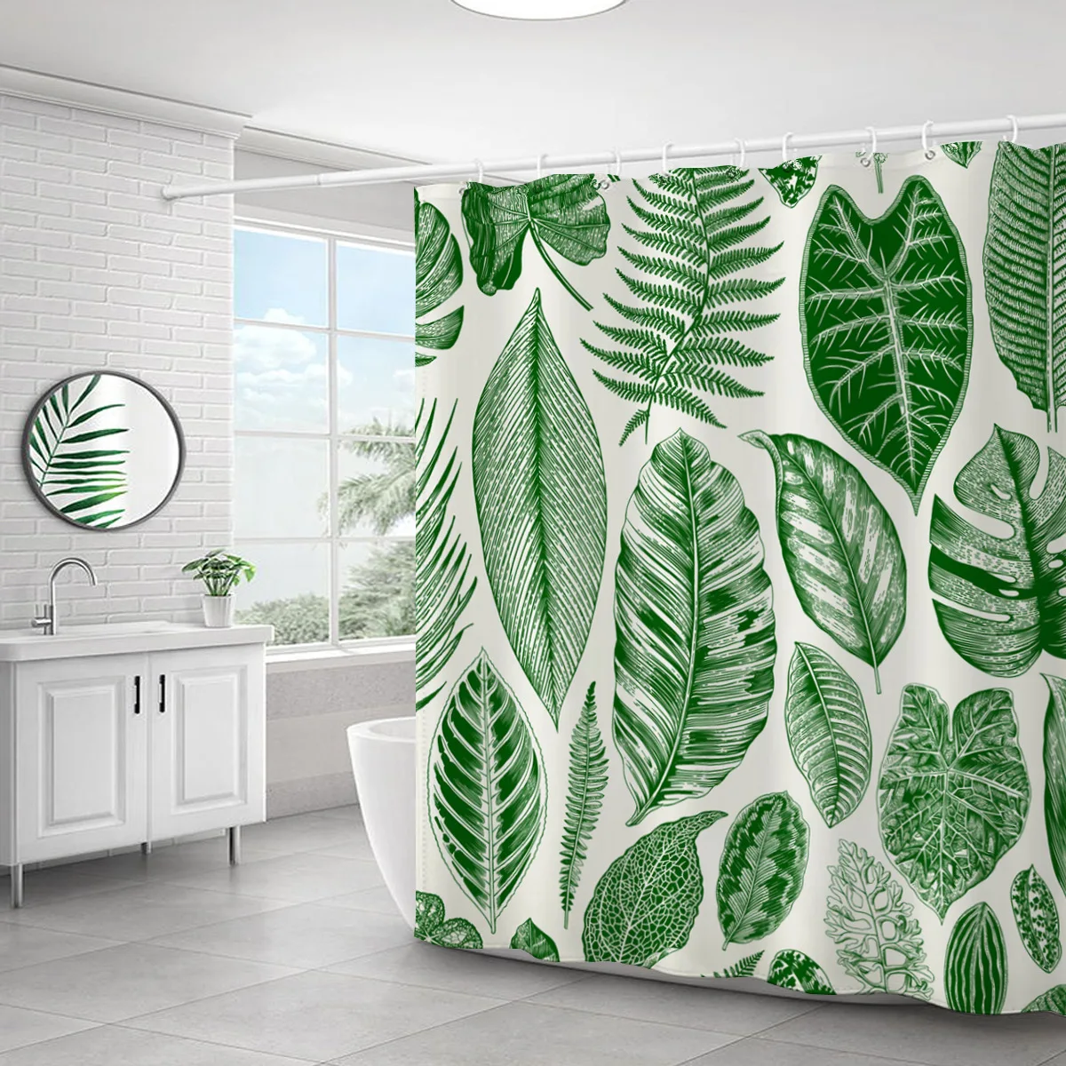 Tropical Green Plant Leaf Palm Shower Curtains Bathroom Curtain Frabic Waterproof Polyester Bathroom Curtain with Hooks 180x180