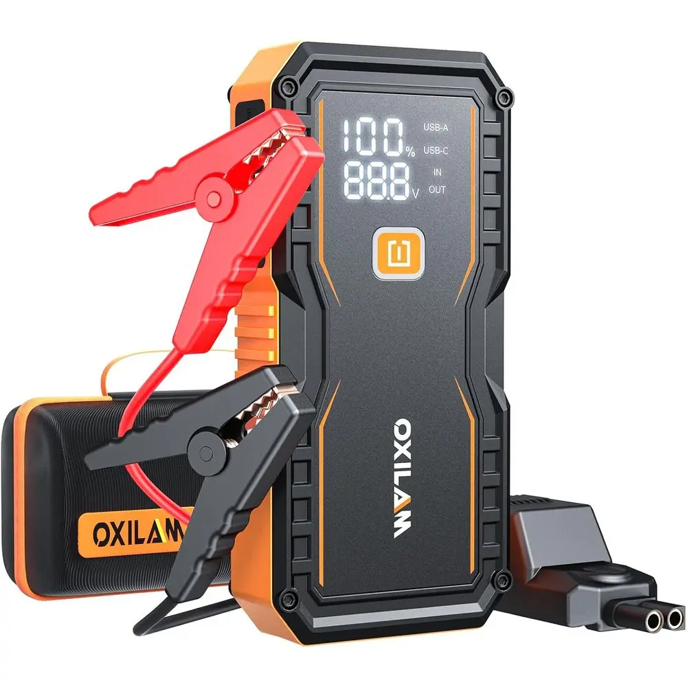 Portable 12V Lithium Jump Starter 6000A, 12L Gas Equivalent, with Jumper Cables, LED Display, Light, USB & Type-C Power Bank