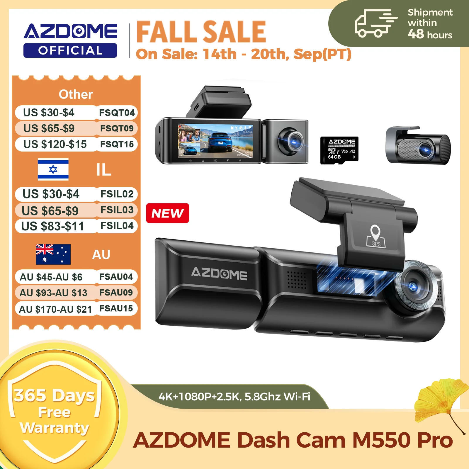新型AZDOME 4K M550 Pro ダッシュカム 前後室内3in1車載カメラ 24時間駐車監視 スーパーキャパシタ 5G WIFI GPS ADAS搭載 車載DVR