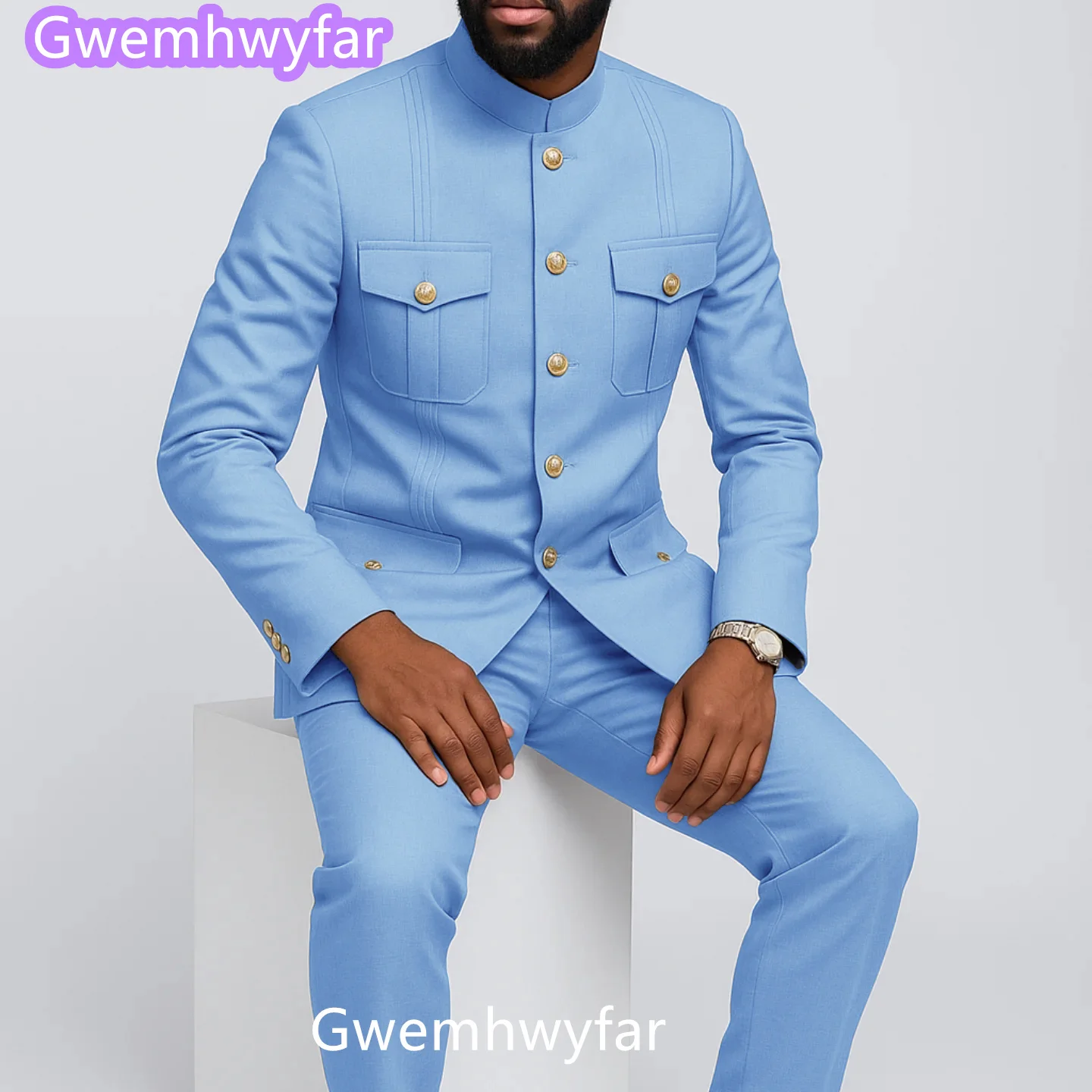 Gwenhwyfar Sky Blue Men's Suits Summer Short Sleeves Suit  One Button Stand Lapel Slim Fit Prom High Street Daily Casual Man Set