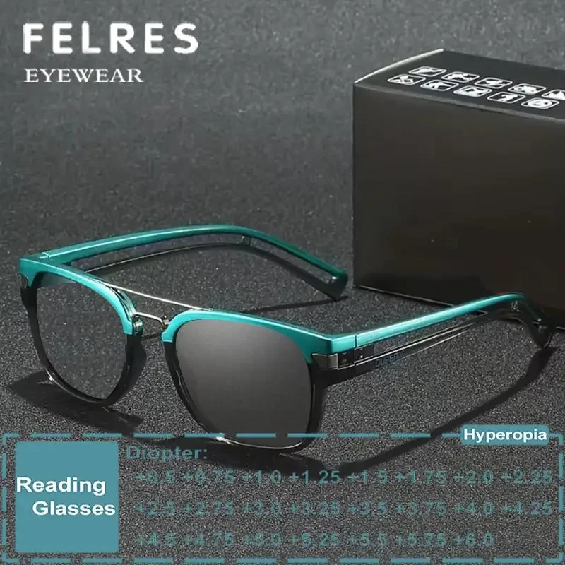 スクエアフォトクロミック老眼鏡男性女性ダブルカラーフレーム老眼眼鏡変色処方メガネ-175