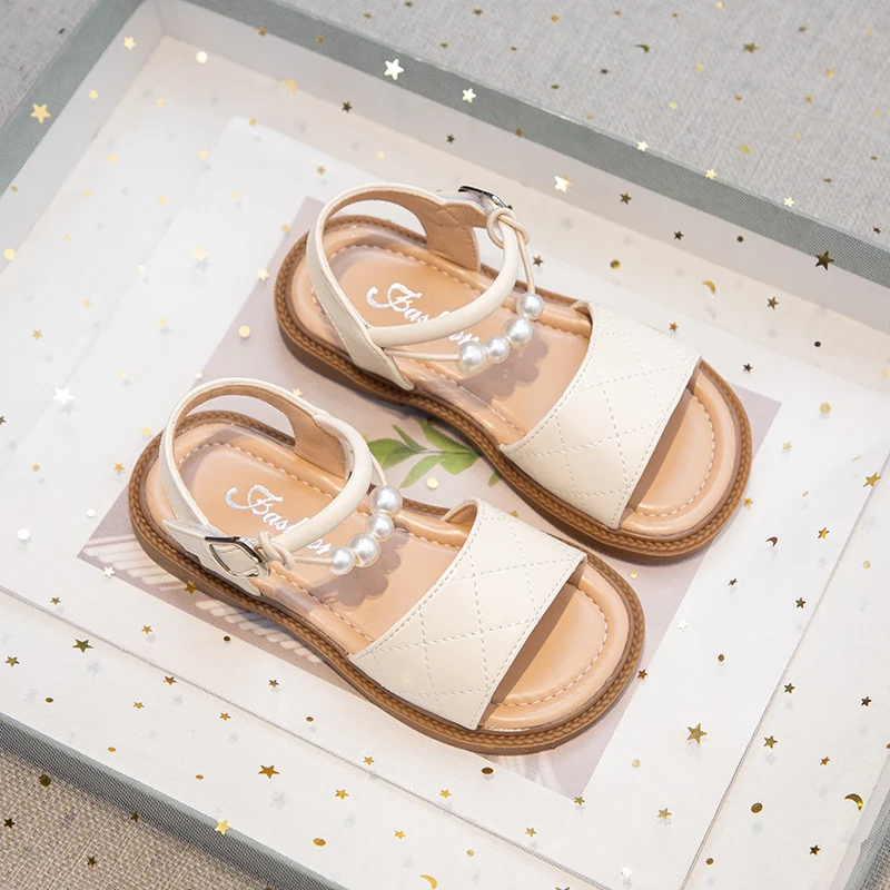 Girls Summer Beach Shoes Kids Sweet Beading Sandals Open Toes Children Fashion Princess Sandals Simple Hook&loop 2025 Summer New