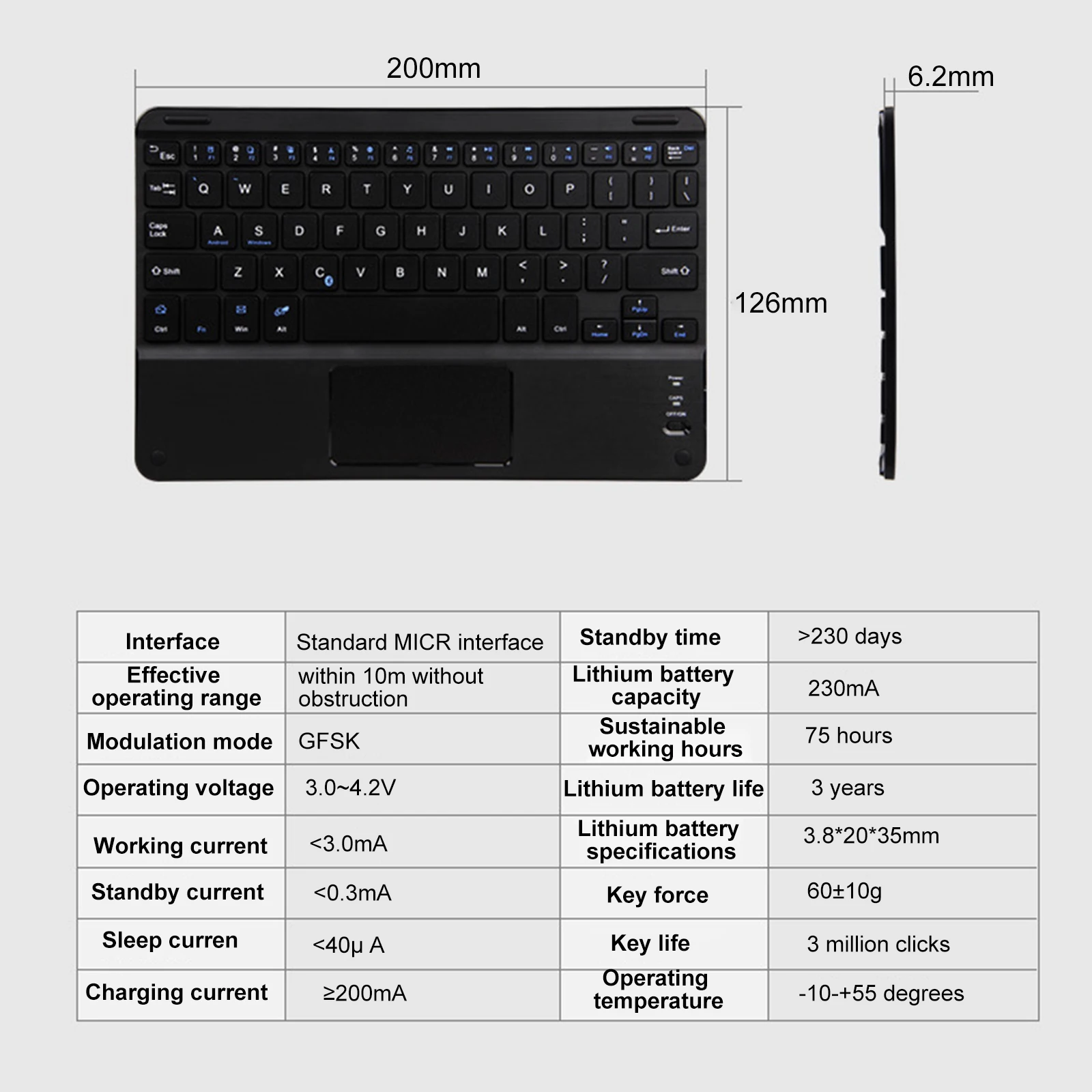 Mini Teclado Sem Fio Bluetooth com Touchpad, Recarregável, Novo, iPad, Telefone, Tablet, Android, iOS, Windows