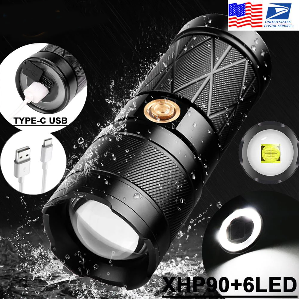 ZK20 Dropshipping XHP90 USB Rechargeable LED Flashlight 5 Mode Zoom Output Torch Built-in 2200 Battery Type-c Tail Work Light