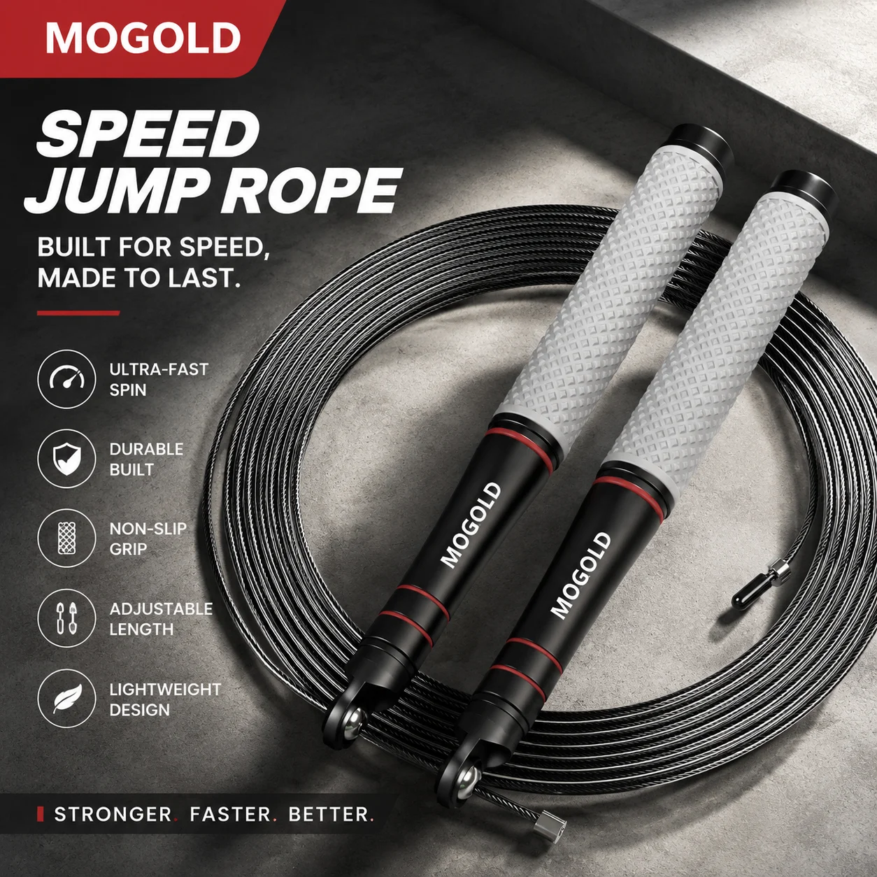 Corda de pular silenciosa MOGOLD |   Rolamentos de metal grossos + cabo de aço de alta elasticidade |   Ergonômico |   Ajustável |   Queimador de gordura Pro-Home