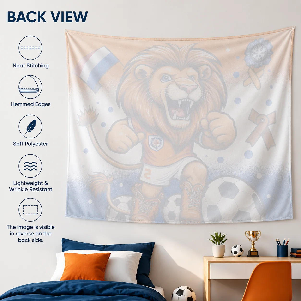 2026 World Soccer Tournament Tapestry Flat Print Netherlands Dutch Flag Orange Lion Mascot Wall Hanging Watch Party Decor