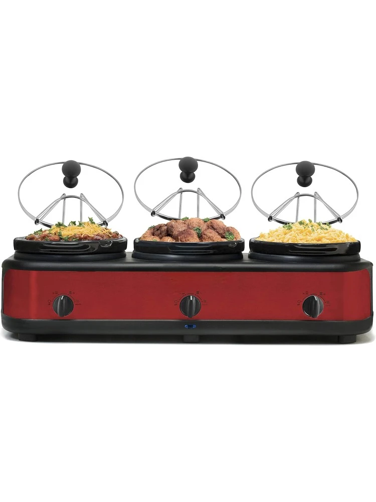 EWMST-325R Maxi-Matic Triple Slow Cooker Buffet Server Adjustable Temp Dishwasher-Safe Oval Ceramic Pots, Lid Rests, 3 x 2.5 Qt