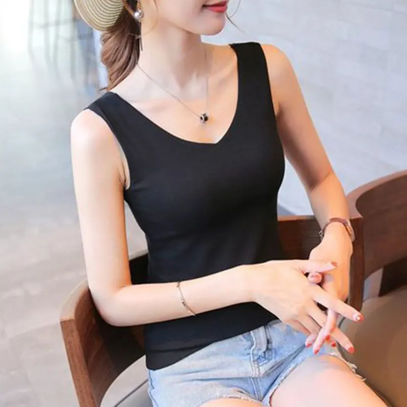 Women's Monochromatic V-neck Camisole, Casual Clothes, Elegant Slim Tops, All-match, Monochromatic, Fashion Trend, Summer