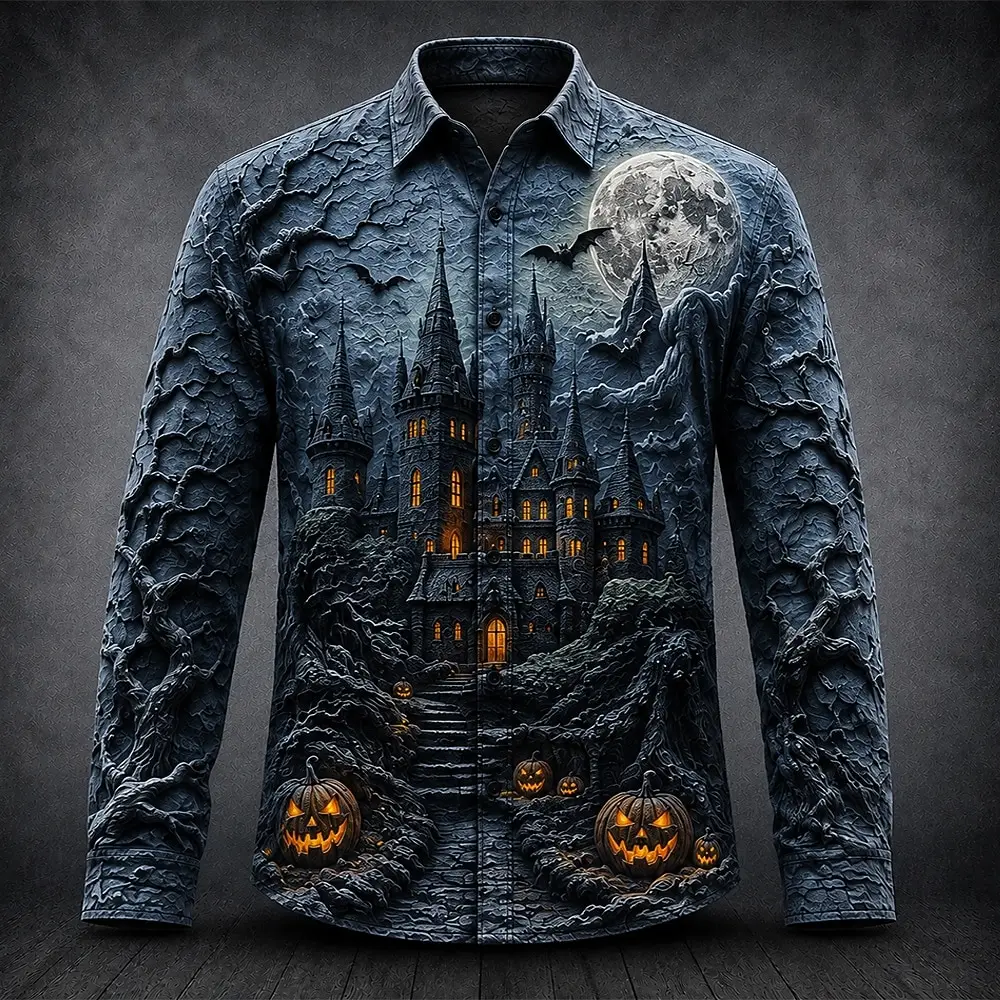 Men Halloween 3D Printed Long Sleeve Shirt Spooky Castle Pumpkin Lapel Shirt Gothic Horror Party Casual Blouse
