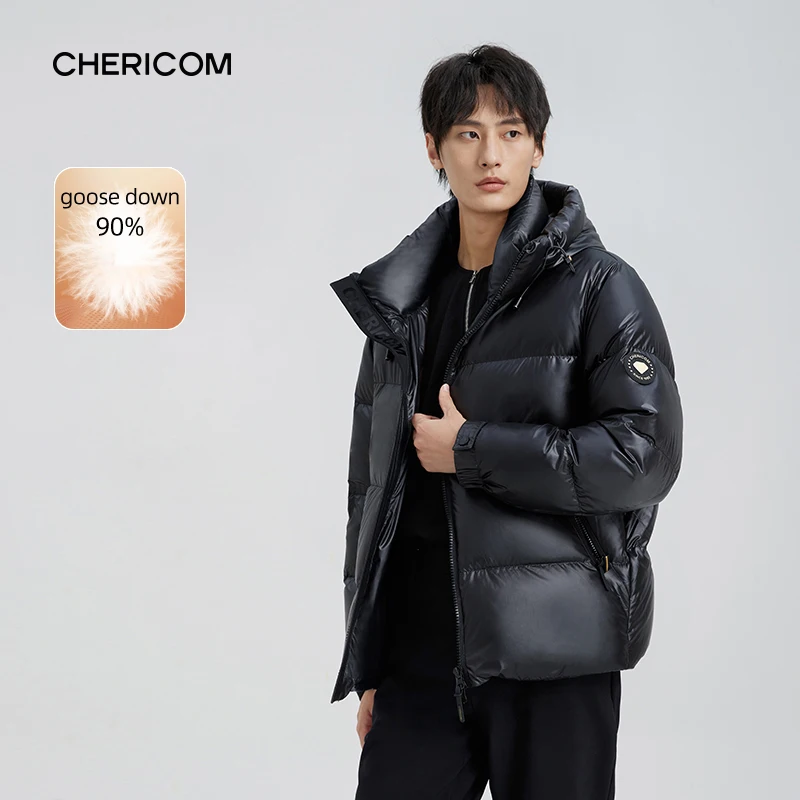 Chericom Winter Men's Short Hooded Down Jacket Goose Down Thick Warm Puffer Coat Solid Zipper Pocket Design Padded Jacket 299630