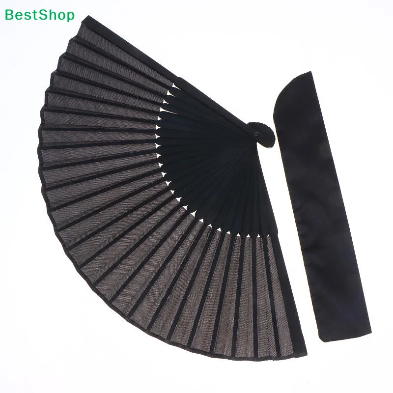 ✔Black Sheer Mesh Hand Fan Foldable Silk Fabric Handheld Fan with Storage Pouch for Wedding Party Gothic Cosplay Decor