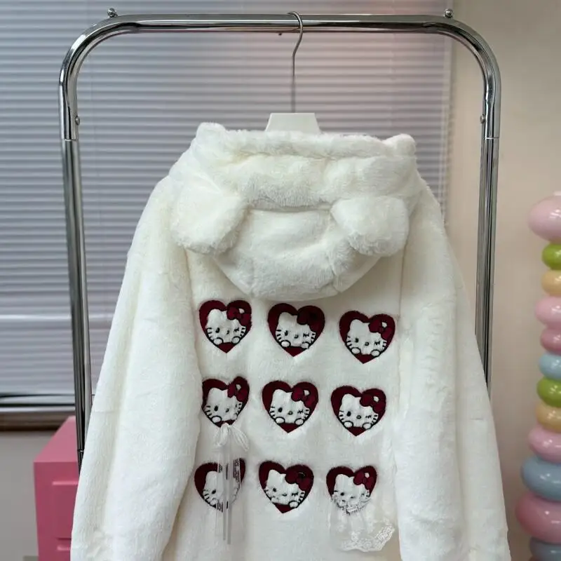 

Зимняя толстая флисовая куртка Sanrio Hello Kitty свободного кроя в милом свежем стиле, женская повседневная верхняя одежда, модная куртка, милая, в стиле каваи