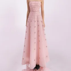 Elegant and Exquisite Sequined Beading Crystal Appliques Pink Organza Evening Dresses A-Line Floor Length Sleeveless Strapless