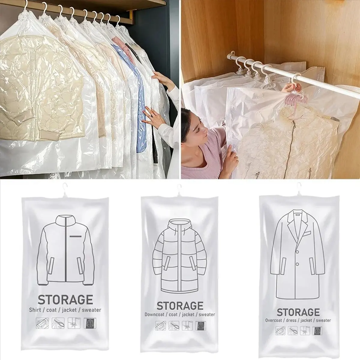 N14R Top Hanging Vacuum Storage Bags, Hanging Space Saver Bags, Hanging Storage Bags for Clothes for Suits, Dress, Jacket M