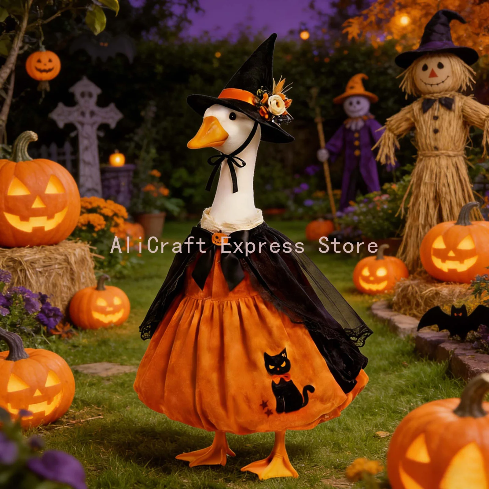 23‑Inch Porch Goose Halloween Costume,Pumpkin Black Cat Witch Dress & Hat for Outdoor Garden Party Decor