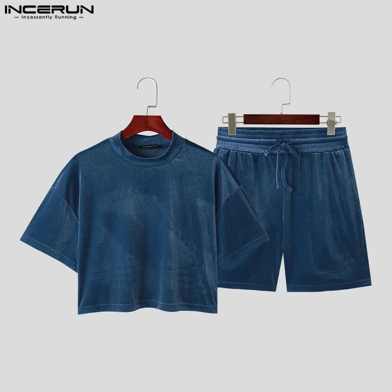 INCERUN Men Sets Solid Color Velour O-neck Short Sleeve Crop Tops & Shorts Two Pieces Sets Streetwear 2024 Fashion Men\'s Suits