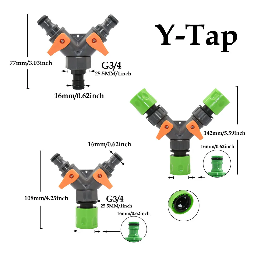 2 Arah 16Mm Puting Taman Keran Selang Pemisah Air Konektor Perempuan 1/2 3/4 Benang Y Katup Irigasi Selang Taman Konektor Cepat