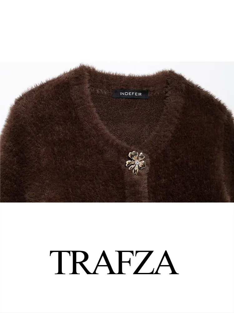 TRAFZA 2024 Herfst Faux Fur Effect Vest Voor Vrouwen Driekwart Mouwen Slanke Trui Tops Vrouw Elegante Vrouwelijke Jas Top