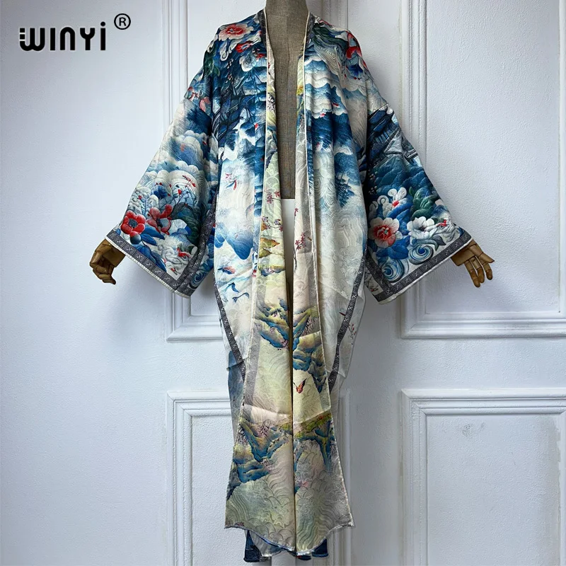 WINYI 2024 High-quality Double-sided Print Silk feel Dress Beach Wear Boho Cardigan abaya women muslim dress Long Sleeve Kimono