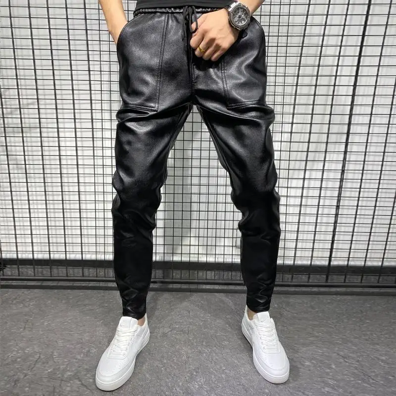 Plus Size 28-40 Men PU Leather Pants Spring Autumn Winter  Casual Sexy Slim Elastic  Long Motorcycle Sreet Wear  Pants Punk