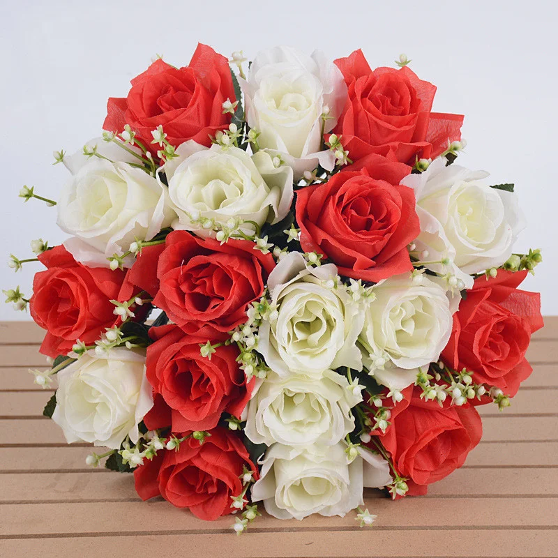18-köpfe simulierte Rosensträuße, rote Rose, künstliche Blumen für Hochzeitsdekorationen, Bräute mit Blumen, Heimdekorationen – Detail 4