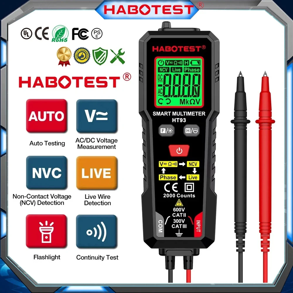 HABOTEST HT93 مقياس رقمي متعدد صحيح RMS التيار المتناوب/تيار مستمر جهاز قياس الجهد الكهربائي المرحلة تسلسل الكاشف الاستمرارية أوم لايف NCV عداد كهربائي