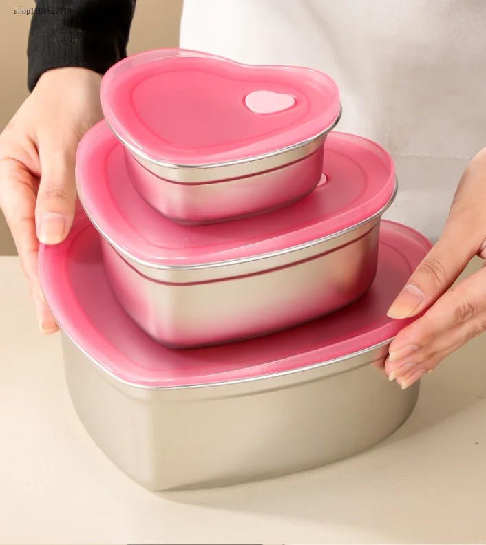 2025 New 304 Stainless Steel Heart-Shaped Silicone Lid Food Storage Box, Portable Lunch Box, Refrigerator Freezer Box, Food Stor