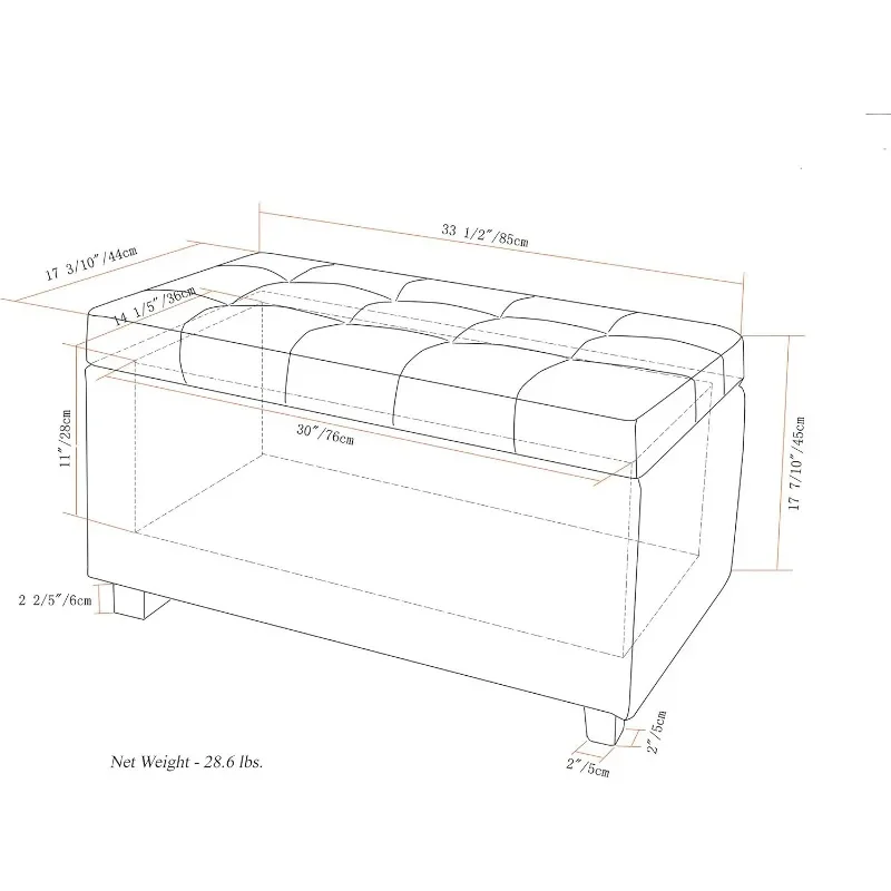 Kosmopolitische 34 Inch Brede Rechthoek Lift Top Opslag Poef In Gestoffeerde Zachte Blauwe Getuft Imitatieleer, Voetsteun Kruk