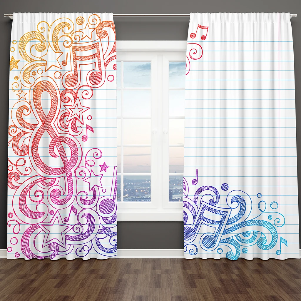 Colorful Abstract Piano Note Art Music Modern Thin 2 Pieces Light Filtering Curtains for Living Room Bedroom Window Drape Decor