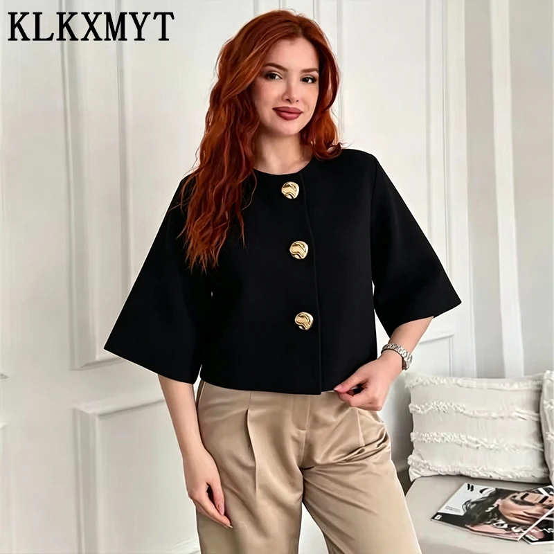 KLKXMYT Women's Cropped Knit Cardigan Summer 2026 Elegant Metal Button O-Neck Short Sleeve Tops For Woman Resort Bolero Sweater
