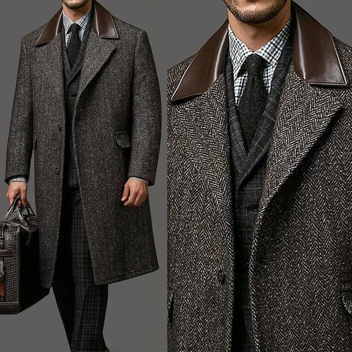 Classic Herringbone Men's Tweed Overcoat Plus Size Leather Patchwork Lapel Formal Casual Outwear Customized Winter Jacket