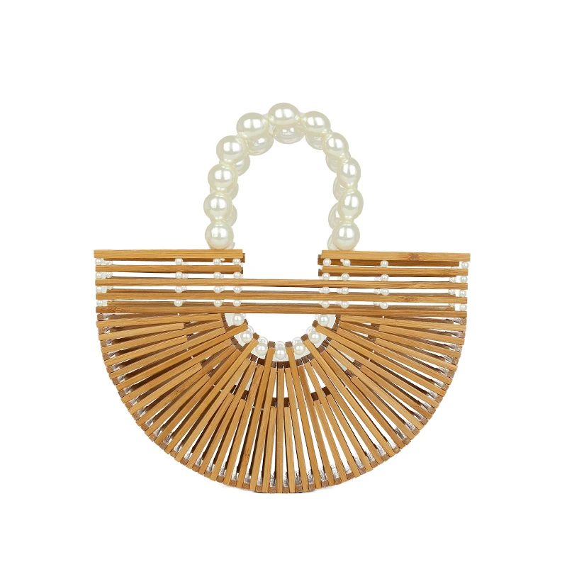 High Quality Handmade Bamboo Handbag Pearl Handle Design Women Hollow Out Beach Bag Summer Vacation Woven Straw Bag Female Bag