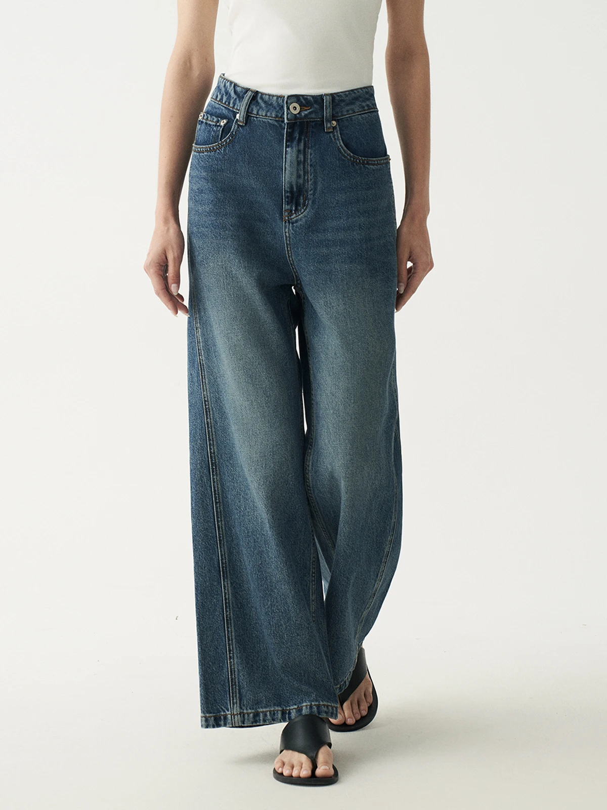 

Deep Blue Silk Cotton High Waist Wide Leg Loose Straight Jeans Women's Premium Feeling Spring Long Pants Casual Trousers
