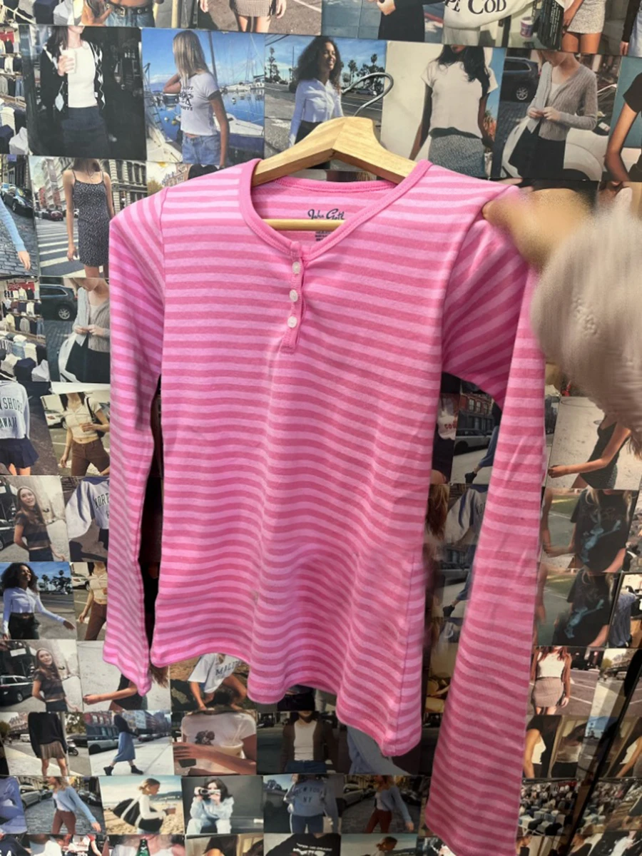 Roze Gestreepte Slanke Lange Mouw Tees Vrouwen Lente Casual Katoenen O-hals T-shirt Nieuwe Tops Kleding Zoete Leuke Vintage T-shirts Y2K