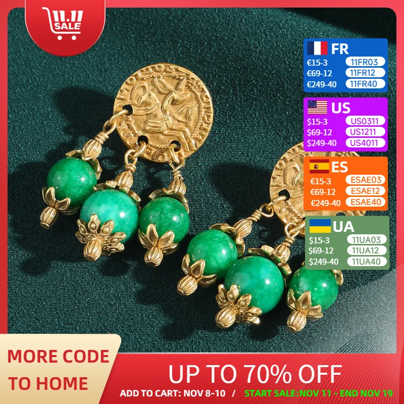 

Vintage Green Stone Drop Earring Round Antique Gold Color Coin Luxury Jewelry For Woman Accessories Wedding Christmas 2025 New