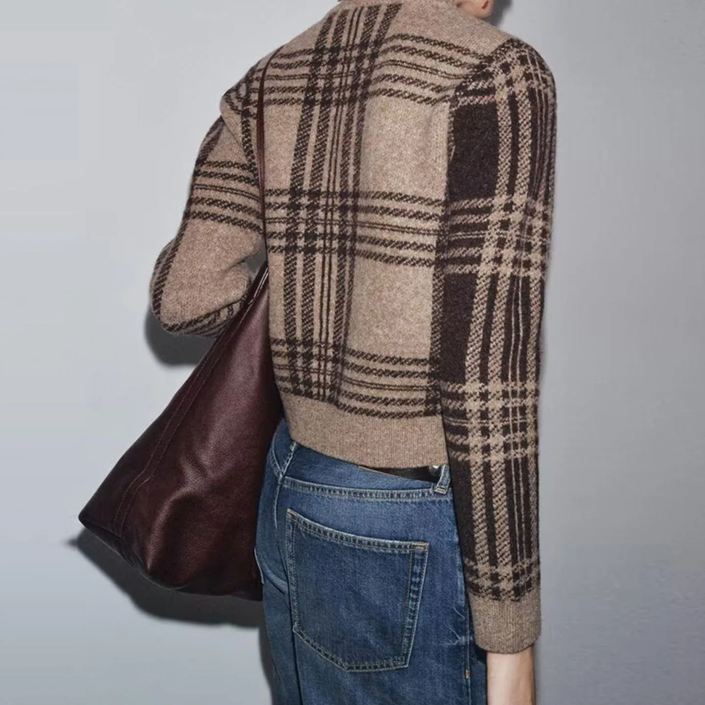 Chaqueta de Punto a Cuadros de Moda para Mujer, Estilo Nuevo de Otoño, Chaqueta Corta de Manga Larga Z con Cierre de Bot...