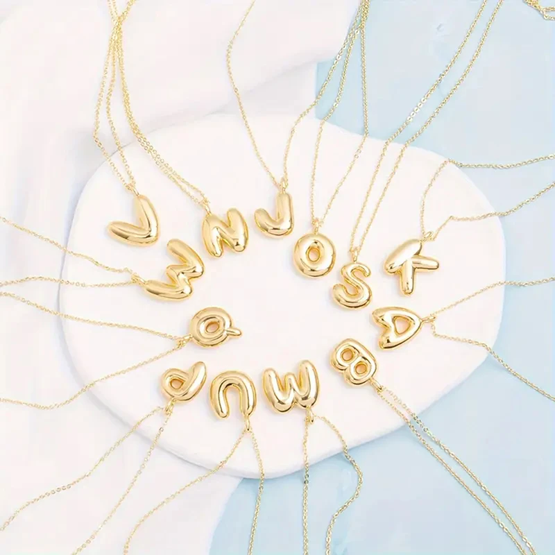 Cute Gold Plated Bubble Balloon Letter Pendant Necklace Chubby Initials Charm Necklaces Jewelry Accessories