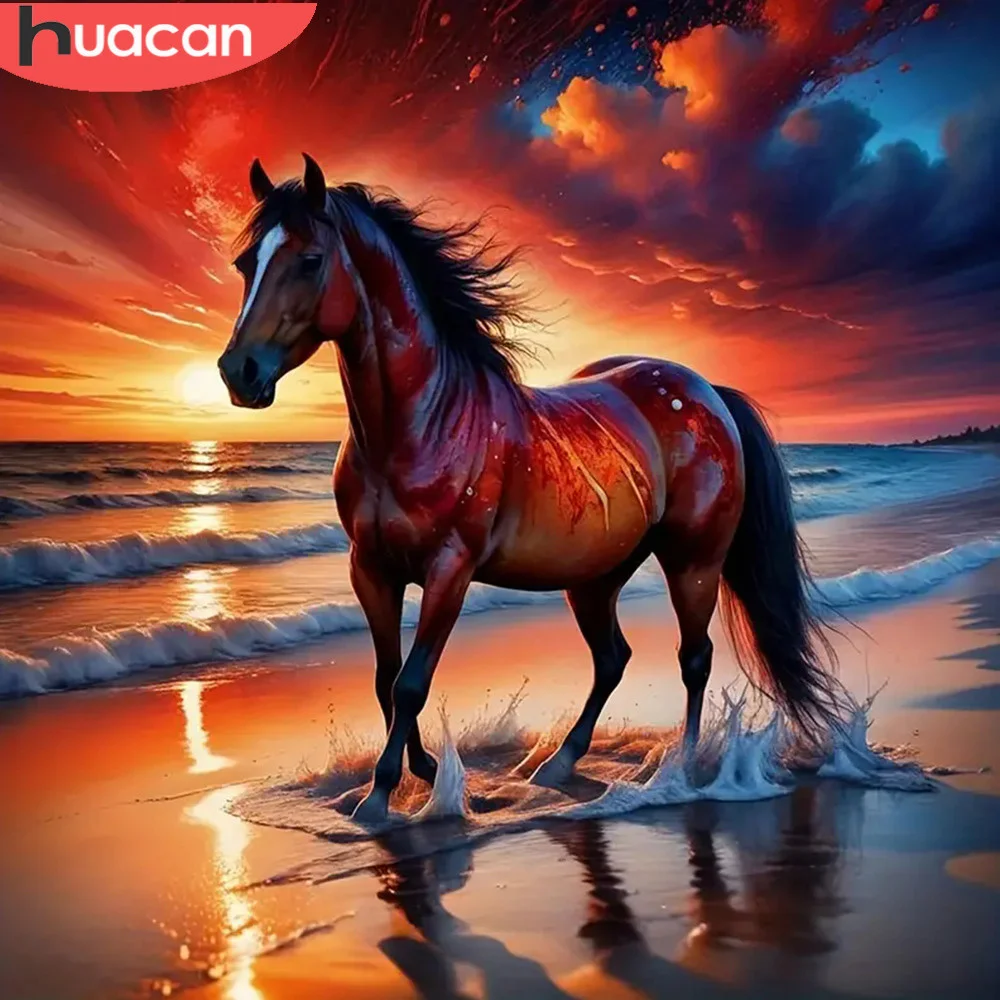 HUACAN Diamond Painting Horse Animal Mosaic Sunset Seaside Rhinestone Pictures DIY Creative Hobbies Decoration Living Room