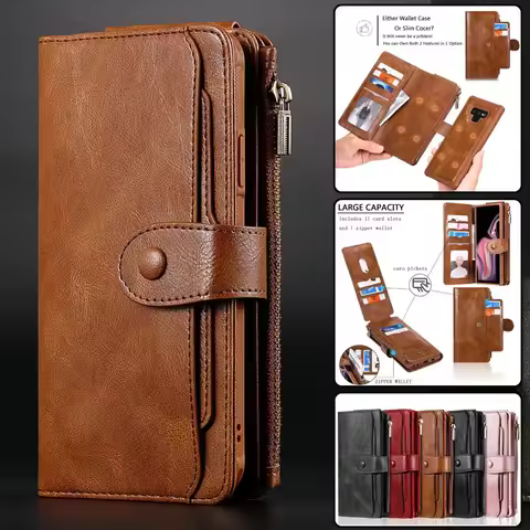 Zipper Leather Case For Samsung Note 20 Ultra 10 Magnetic Wallet Card Cover For Galaxy S25 Plus S24 S23 FE S22 S21 S20 S10 Coque