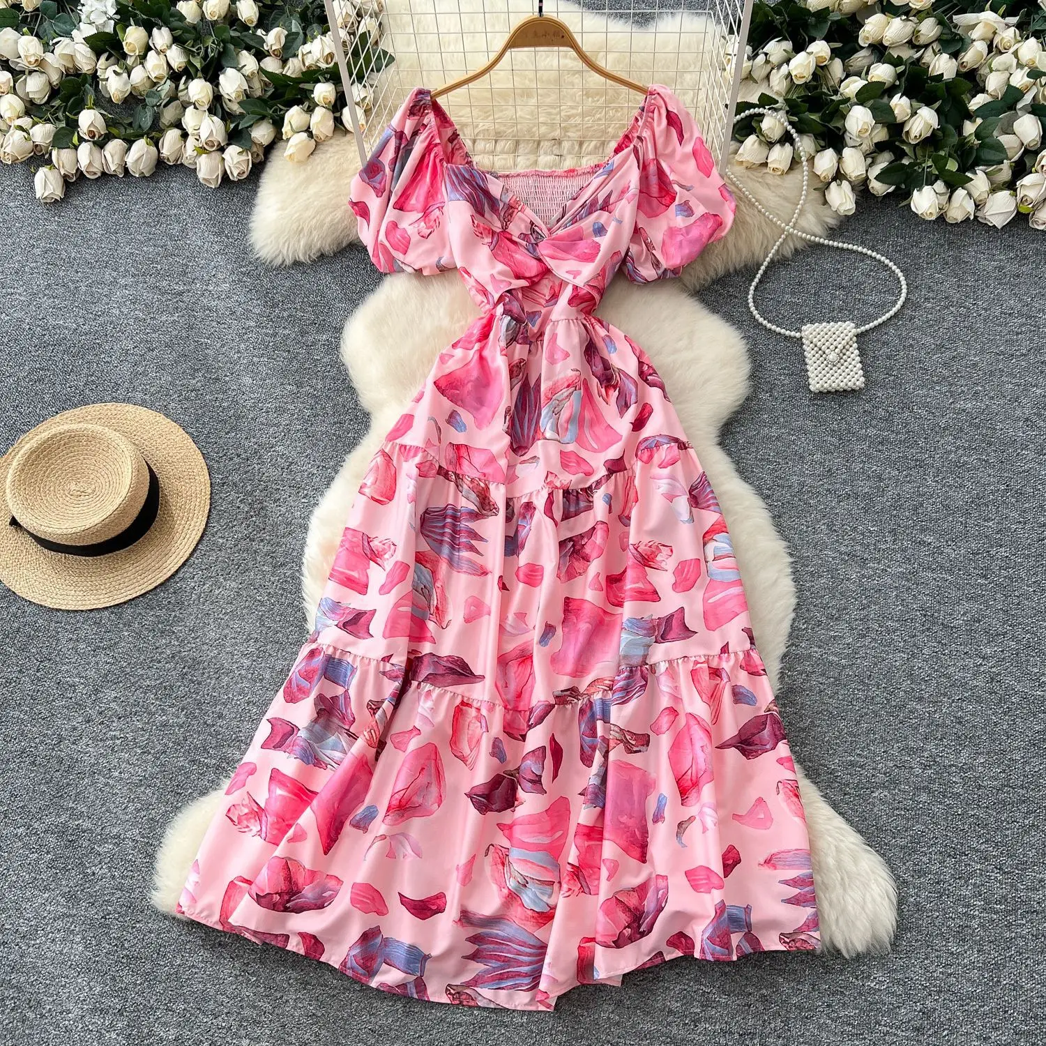 

Puff Sleeve Dresses Print Women V Neck Crisscross High Waist Dress A Line Slim Y2k Vestidos Ankle Length Party Slight Strench
