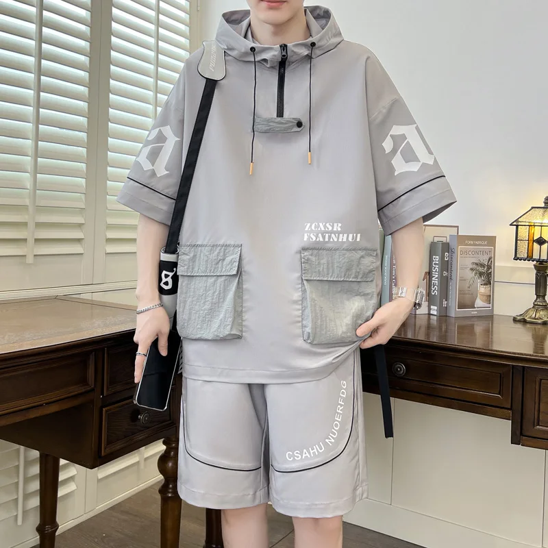 New 2024 Summer Men\'s Sets Casual T-Shirt And Shorts Pant 2 Piece Tracksuit Hip Hop Streetwear Loose Short-Sleeve Hooded Top Tee