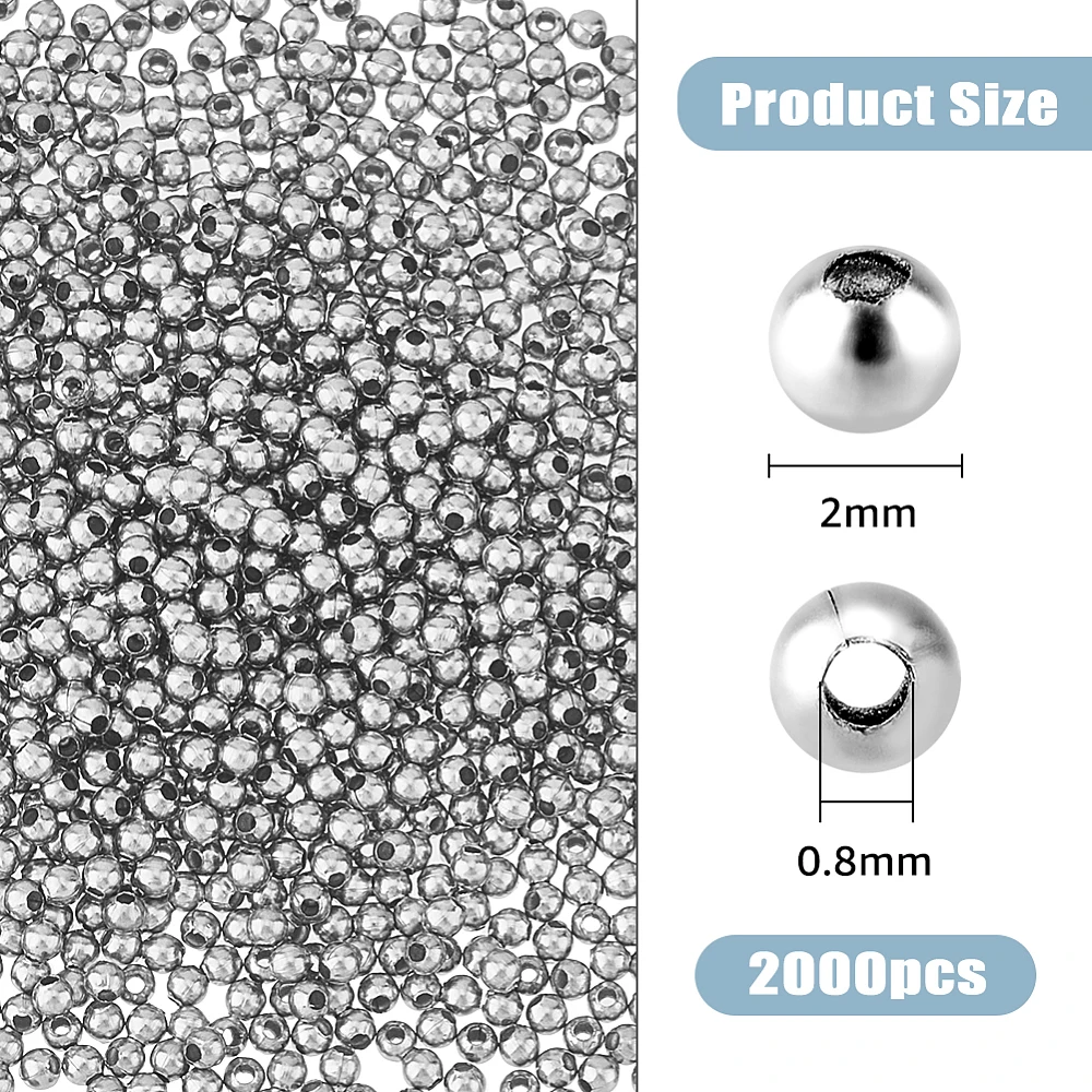 2000Pcs Round Ball Beads 2mm Tiny Spacer Stainless Steel Beads Metal Loose 0.8mm Small Hole Beads