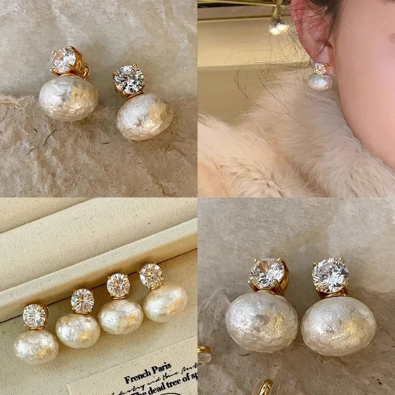 Fashionable Irregular Pleated Pearl Earrings For Women Lady Elegant Zircon Stud Earrings Wedding Party Jewelry Gift