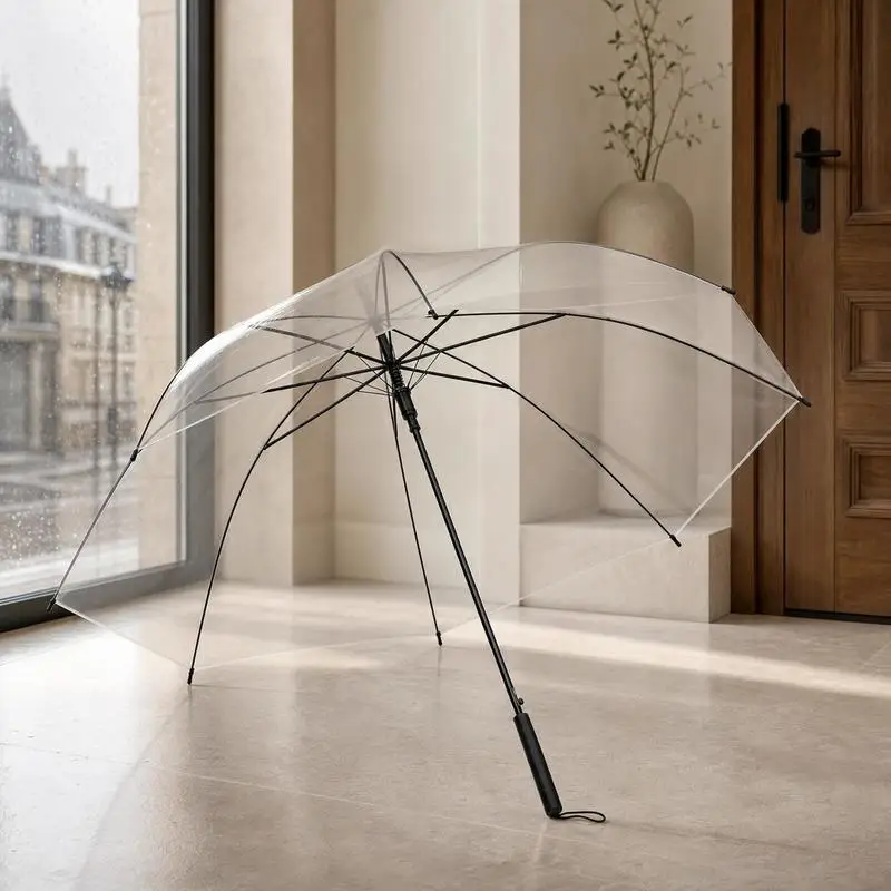 Parapluie Transparent à Long Manche 107 cm - Parapluie Clair en POE Durable, Côtes Métalliques Anti-Vent pour Mariage, Golf, Photographie, Pluie, Cadeau Idéal