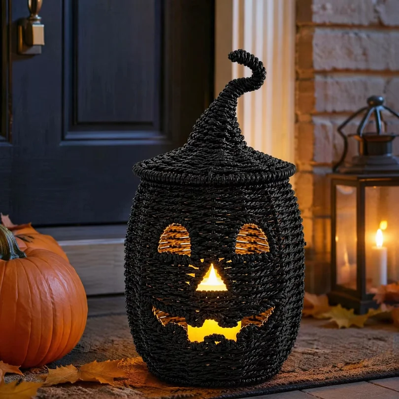 Black Handwoven Pumpkin Basket Candy Basket for Snacks Storage Rattan Halloween Decor