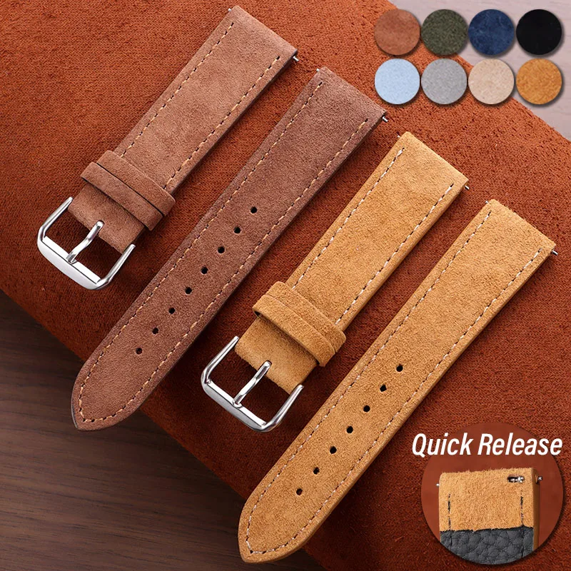 Quick Release Suede Leather Watch Band 18mm 19mm 20mm 22mm Soft Nubuck Strap Vintage Cowhide Bracelet Soft Comfortable Wristband