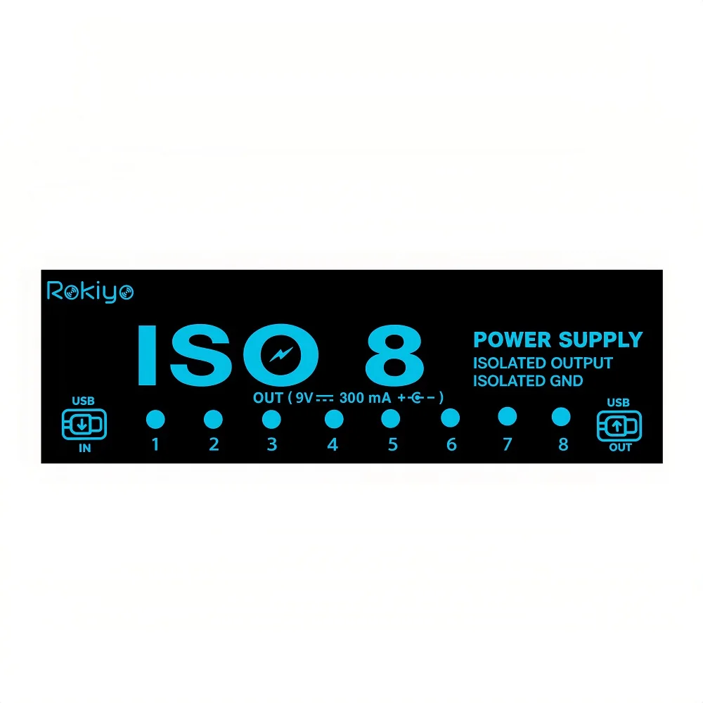 Rokiyo ISO8 Guitar Pedal Power Supply 8 Isolated DC 9V 300mA Outputs USB-C Input 5V 1A USB Short Circuit Protection for Effector